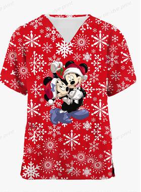 Disney Mickey Mouse Print Nursing Scrubs T-Shirt Casual
