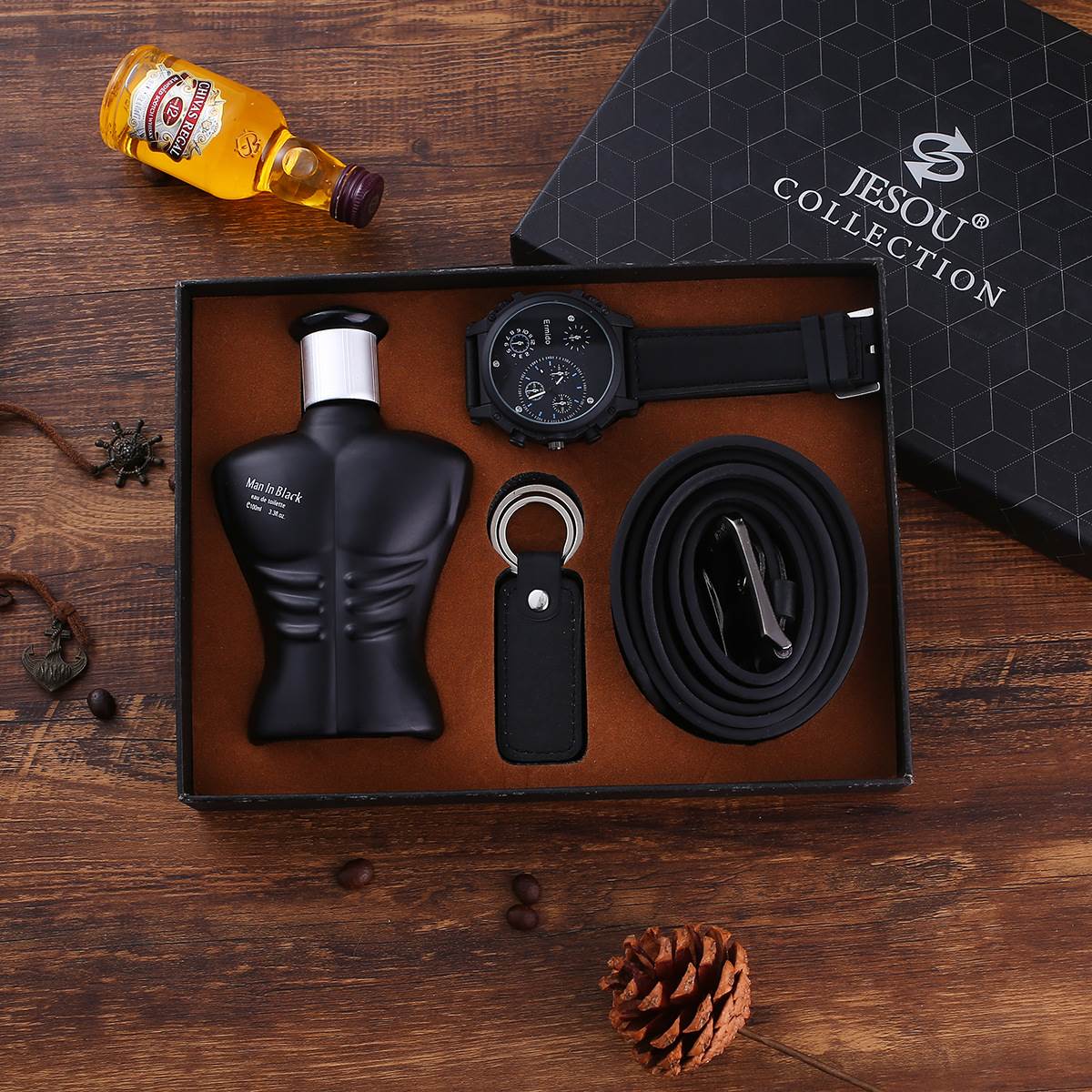 Gift set men large dial quartz watch waist belt perfume 4pcs
