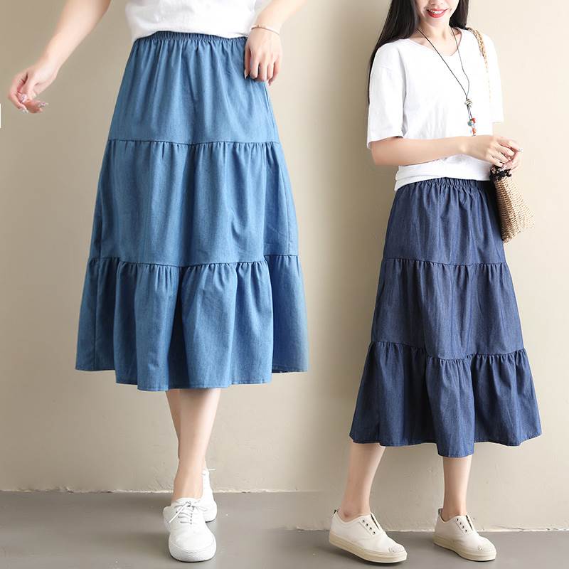 2021夏季新款拼接蛋糕裙子女牛仔长裙春秋半身裙a字裙百褶伞裙