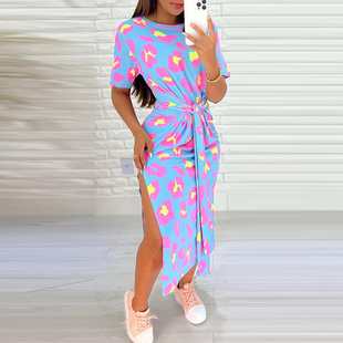 Women Casual Leopard Print Dress豹纹印花短袖绑带休闲连衣裙