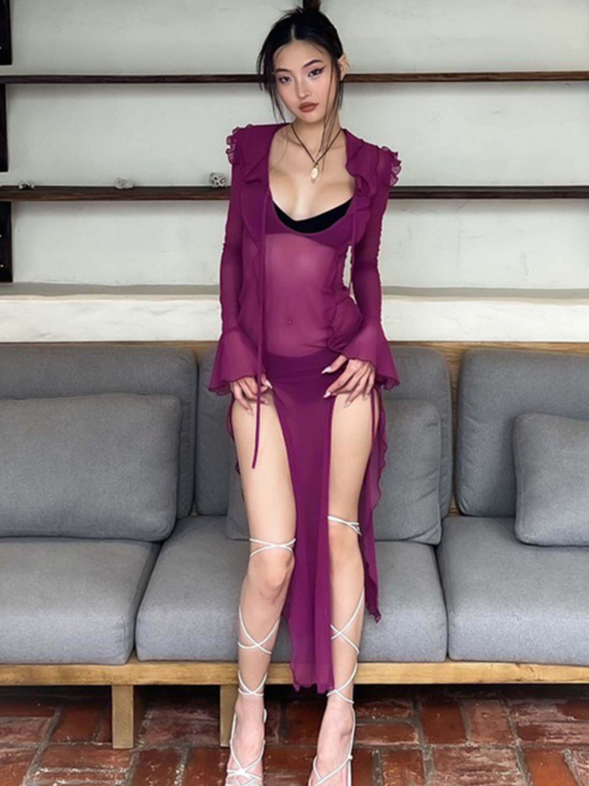 欧美风ins网红外贸女装网纱海边沙滩度假超仙长袖连衣裙防晒长裙