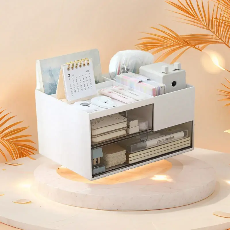 桌面整理盒高颜值双层分格带抽屉防尘自由组合办公收纳盒塑料HIPS