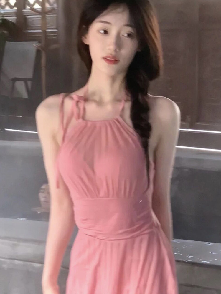 2023新款泳衣女显瘦遮肉纯欲风吊带挂脖连体裙式保守甜美初恋少女