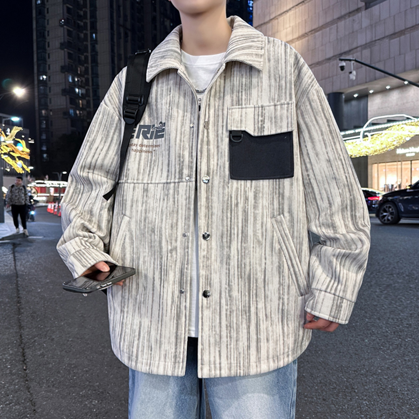 时尚潮牌宽松条纹设计感夹克褂子