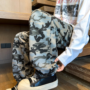 裤子男款春秋季新款宽松抗皱休闲裤青少年美式潮流运动迷彩阔腿裤