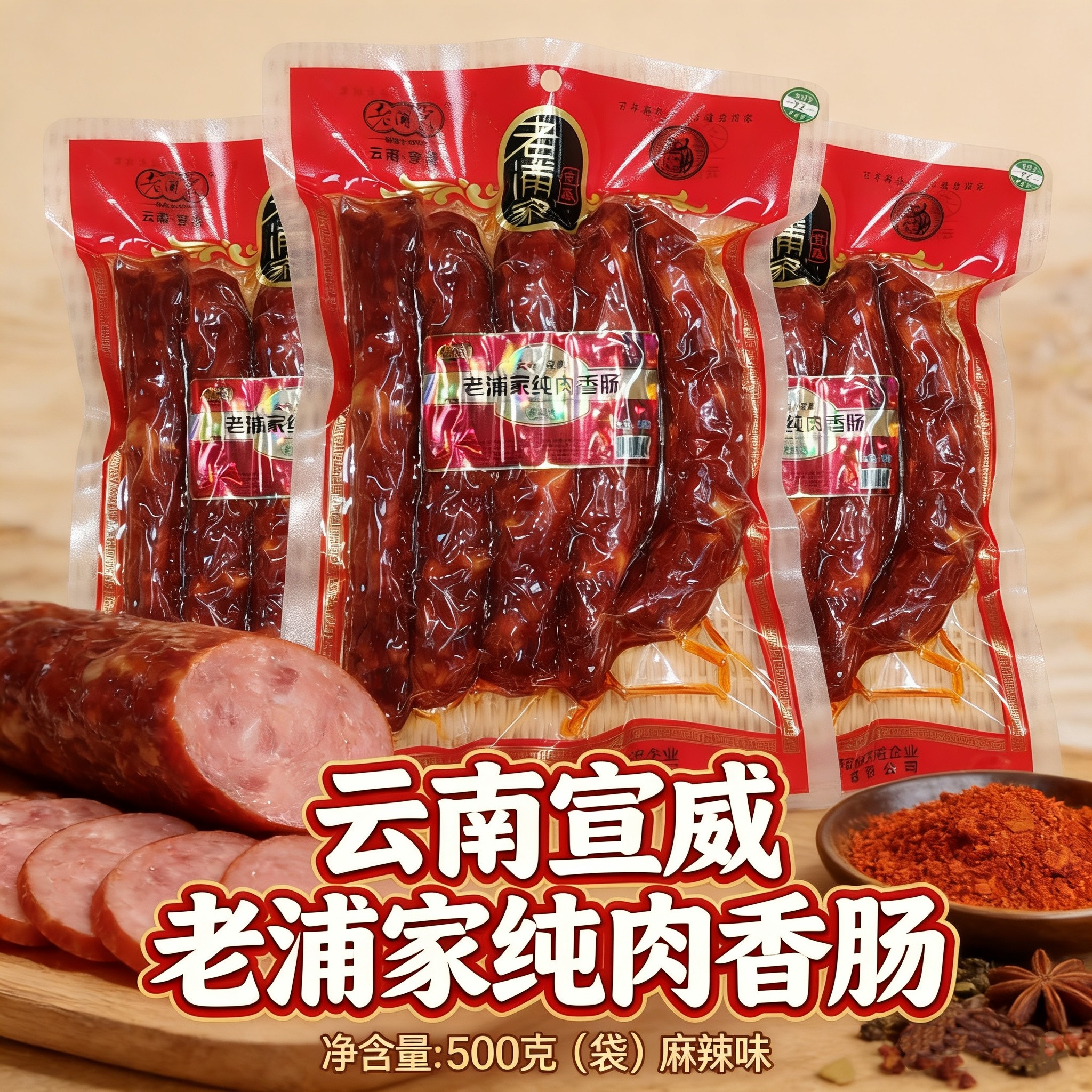 云南特产宣威老浦家麻辣火腿香肠广味麻辣焖饭肉肠袋装家用500克