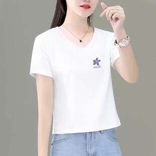 短款精梳棉短袖t恤女夏正肩百搭上衣宽松V领体恤新款印花潮t恤女