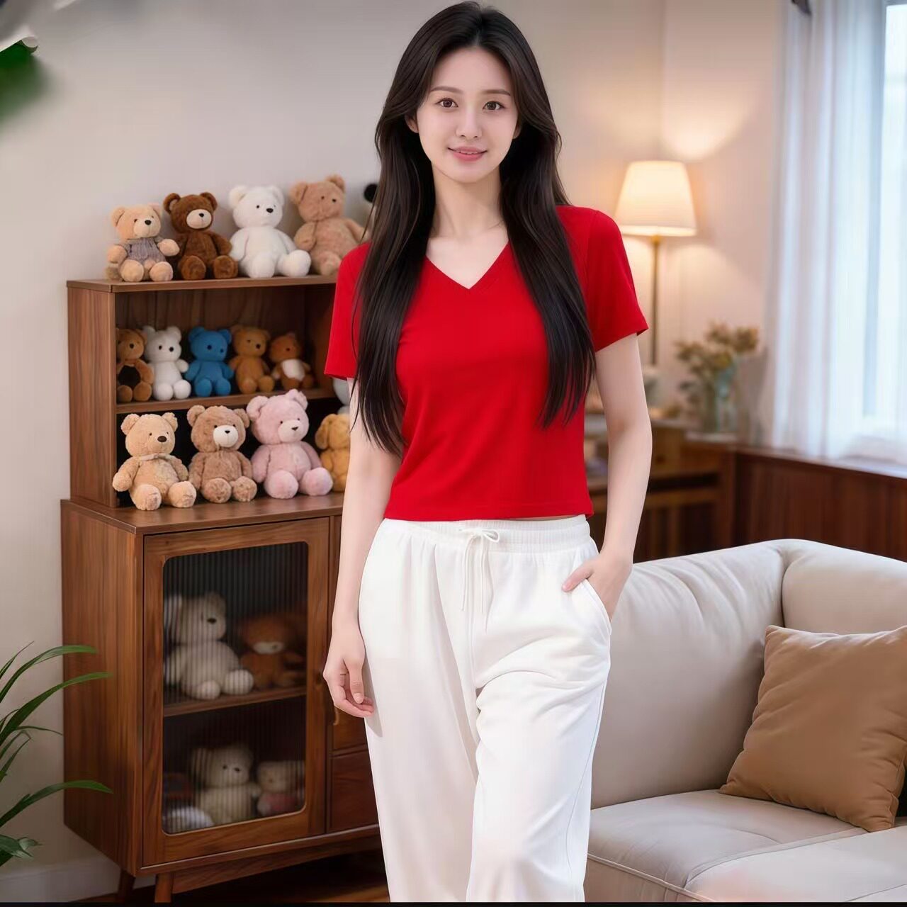 夏季小个子短款v领简约女宽松新款洋气休闲百搭显瘦女士t恤短袖女