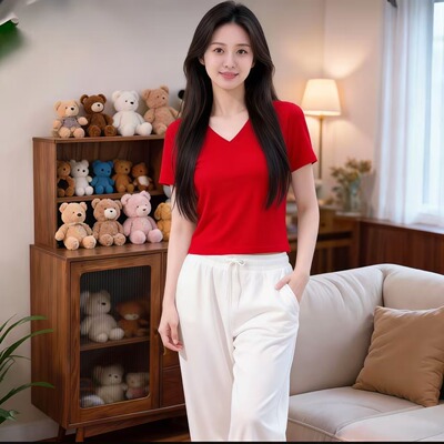 夏季小个子短款v领简约女宽松新款洋气休闲百搭显瘦女士t恤短袖女