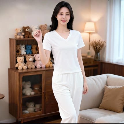 新款V领心领T恤2026精梳棉女宽松短袖简约休闲百搭印花t恤女上衣