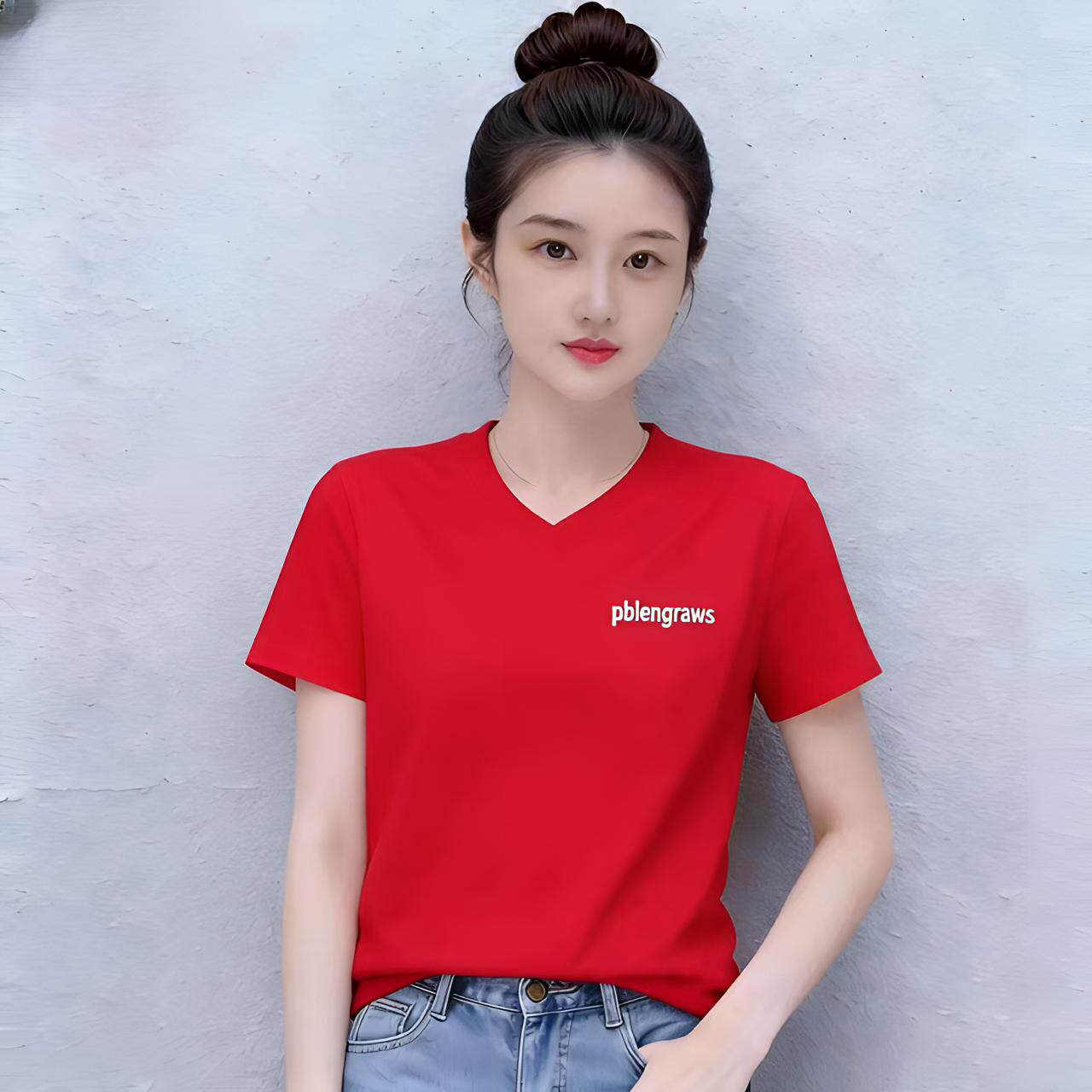 红色v领短袖t恤女纯棉修身洋气设计感2026夏季新款百搭鸡心领上衣