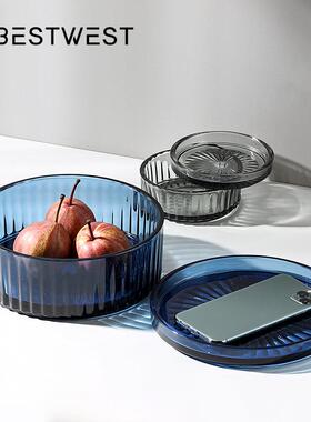 博西家居 简约现代两体带盖玻璃水果盘厨房收纳盒摆件茶几干果盘
