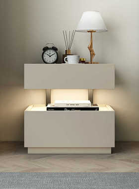 现代极简实木床头柜悬浮加灯肤感暖白浅灰色床边柜多功能斗柜定制