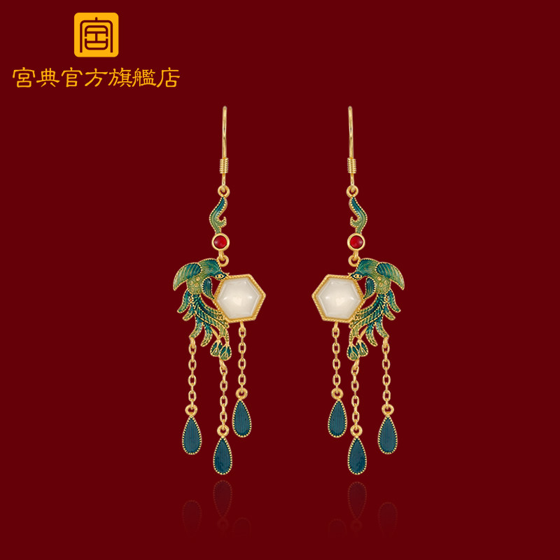 宫典国潮新款轻奢南红长流苏和田玉耳环女小众设计汉服旗袍首饰品