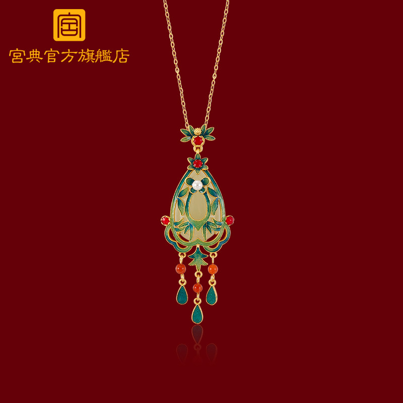 宫典国潮珐琅工艺锁骨链南红和田玉纯银项链女古风旗袍故宫首饰品