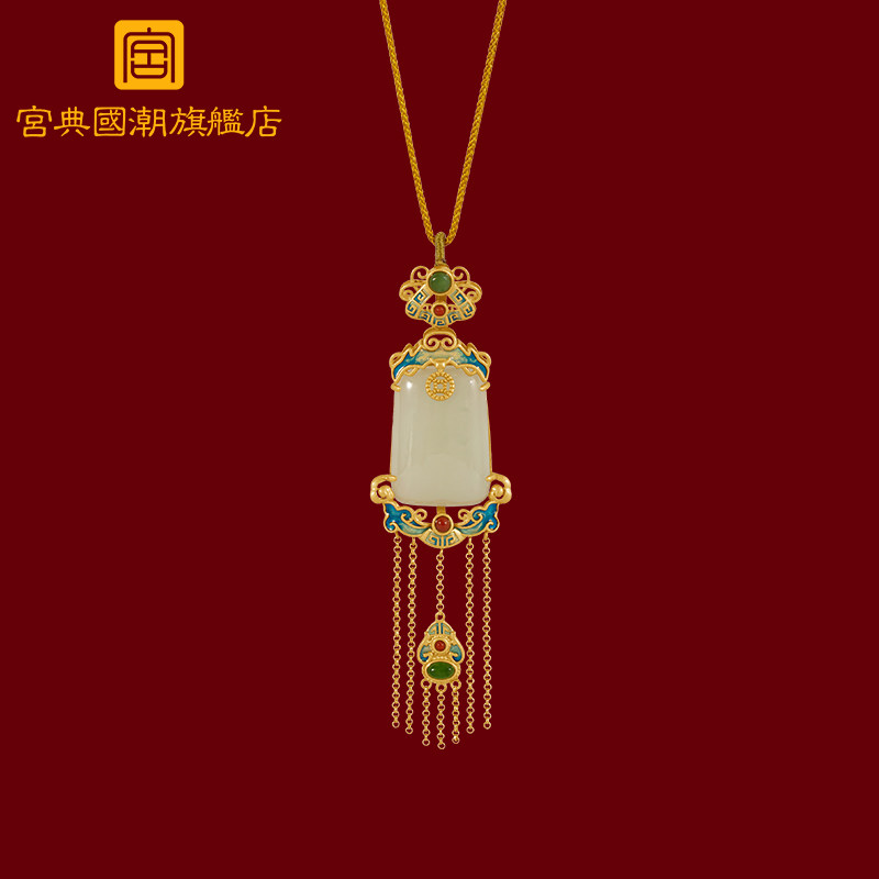 宫典国潮项链女复古风和田玉吊坠纯银金镶玉石毛衣链妈妈生日礼物