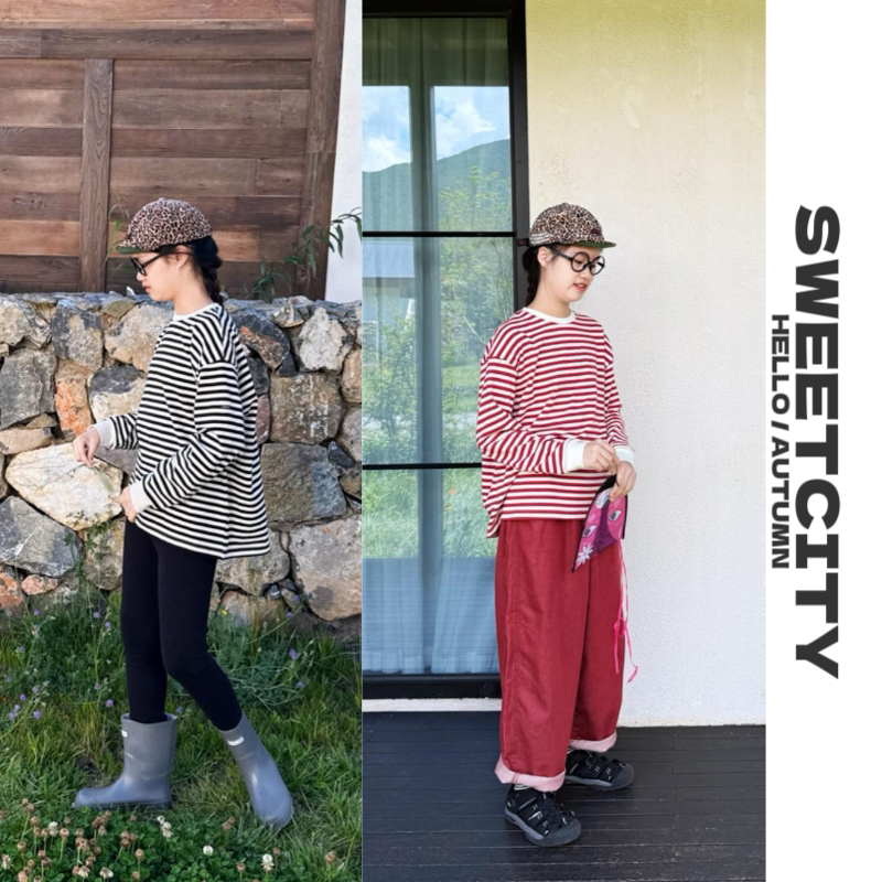 sweetcity定制25秋儿童中性风日系百搭条纹长袖套头双纱T恤亲子款