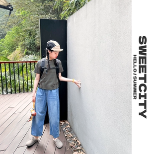 sweetcity独家定制 女童日系范简约百搭条纹洋气短款套头T恤