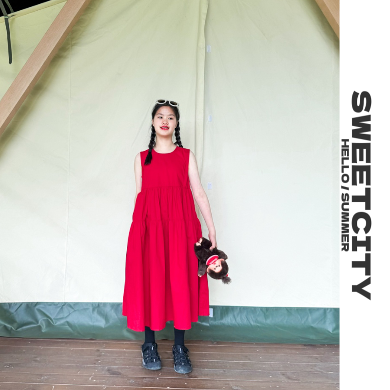 sweet city独家定制25夏新品女童儿童洋气甜美纯色无袖长款连衣裙