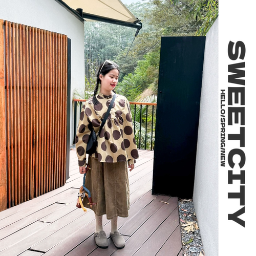 sweet city定制 春女童日系复古百搭圆点宽松娃娃圆领长袖衬衫