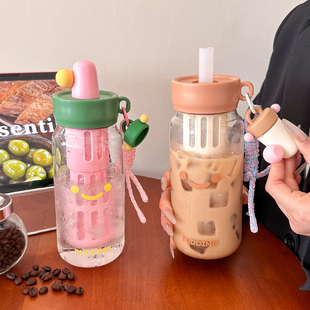 茶水分离玻璃杯便携外带咖啡冷萃吸管杯高颜值学生上学泡茶杯夏季