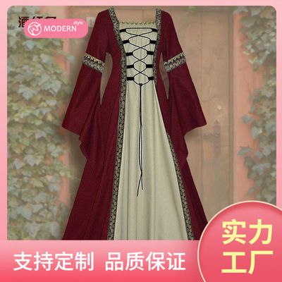 2023欧美方领喇叭袖长款连衣裙哥特复古女装中世纪宫廷长袍大码