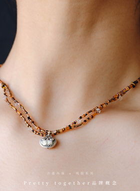 纯银×古董珠新中式锁骨链