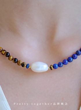 纯银青金石拼接虎眼石串珠项链