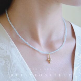 十字架颈链mini细珠串珠复古海蓝宝碧玺水晶锆石吊坠蓝色串珠项链