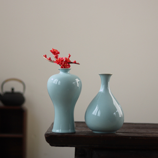 青天汝窑玉壶春瓶陶瓷大个花瓶摆件客厅插花轻奢仿古瓷器禅意空间