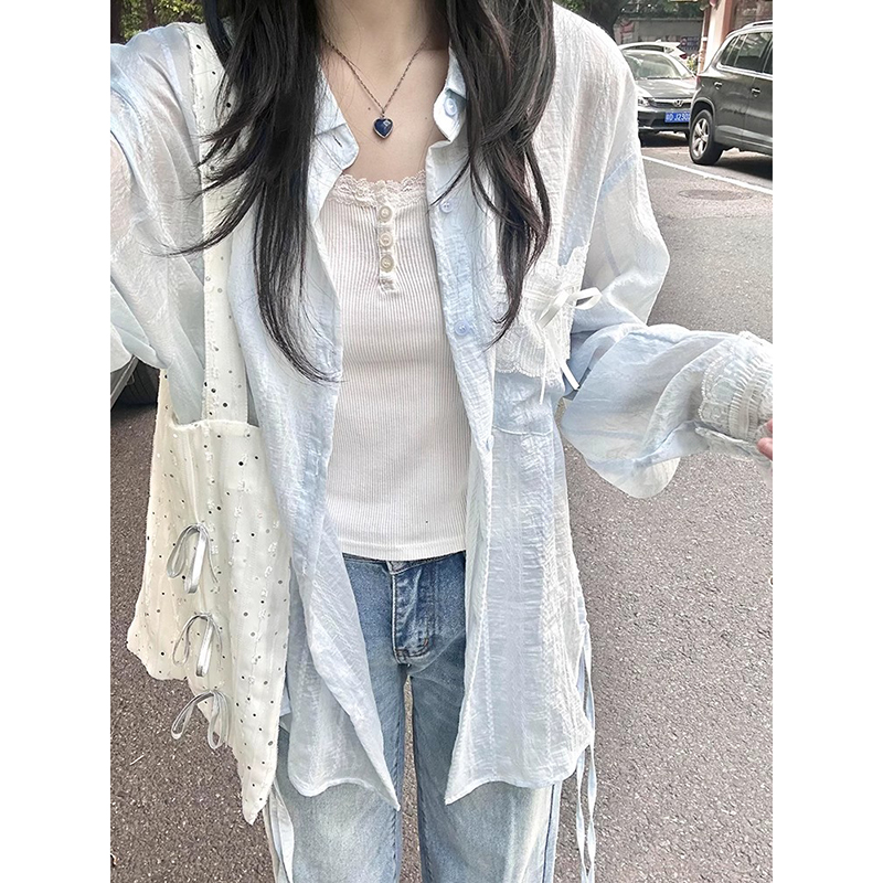 蓝色长袖衬衫外套女薄款2025夏季新款设计感小众衬衣蕾丝防晒上衣