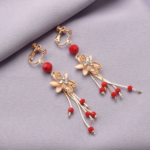 度假风红色耳夹女新中式耳环结婚新娘耳饰秀禾服古风汉耳夹无耳洞