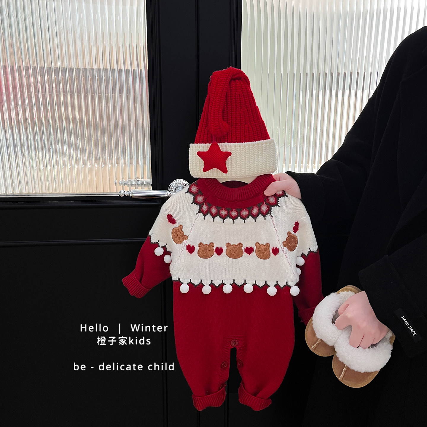 小月龄宝宝冬季新年圣诞年服针织毛衣女童满月爬服婴儿保暖连体衣