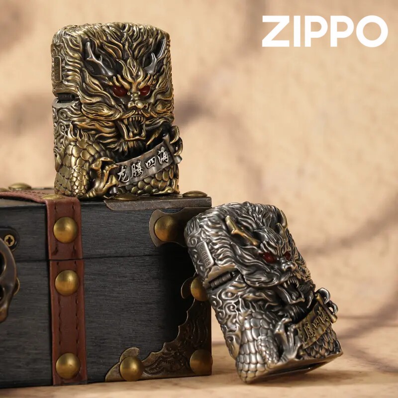 龙腾四海Zippo芝宝重盔甲套壳防风煤油打火机旋转黄铜送礼品灵动