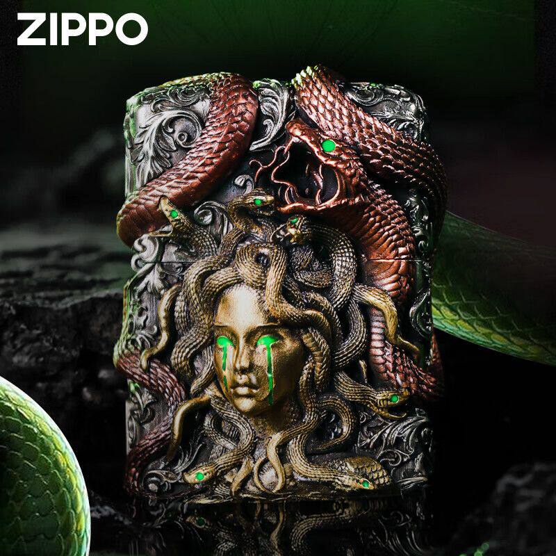 美杜莎Zippo芝宝夜光防风煤油打火机独立编号送礼蛇女紫铜重盔甲