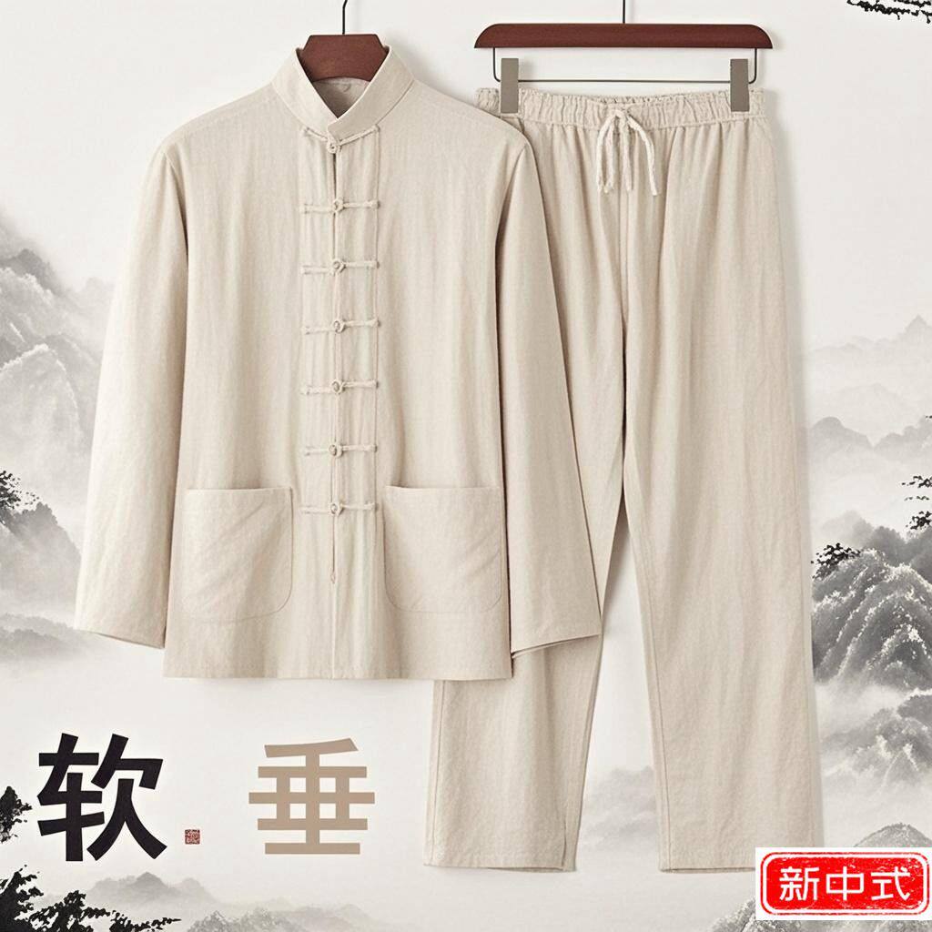 棉麻唐装男中式长袖套装中国风复古盘扣男装中老年宽松中式太极服