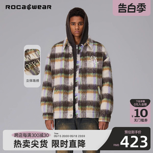 Rocawear美式潮牌珠绣格纹毛呢棉服保暖落肩宽松绗棉情侣棉衣外套