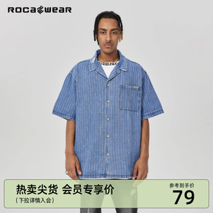 衬衫 美式 新款 休闲潮牌街头嘻哈宽松牛仔衬衫 条纹短袖 Rocawear夏季