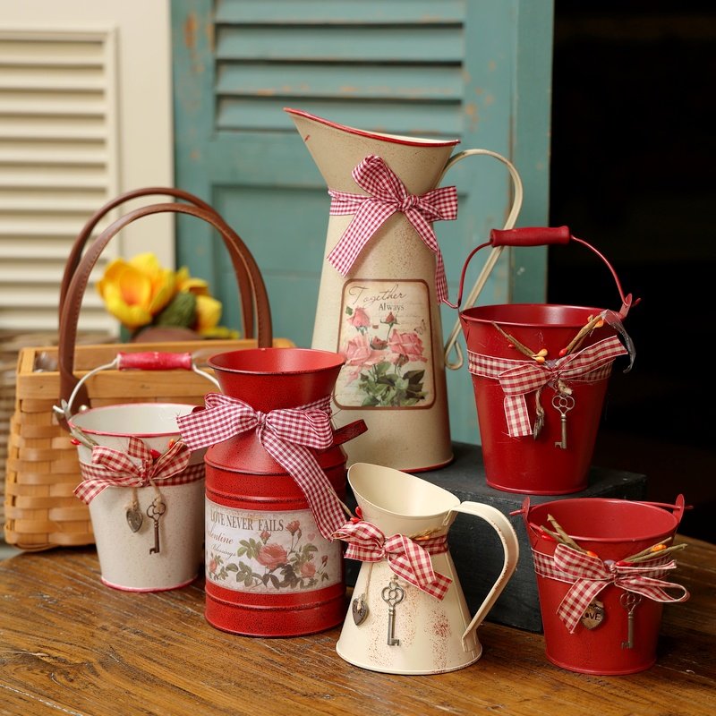 美式复古铁皮桶花桶创意迷你小铁桶花盆桶铁艺手提彩纸装饰桶摆件