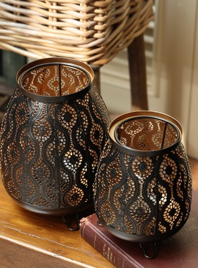 欧式复古怀旧蜡烛台摩洛哥镂空雕花婚庆烛台铁艺风灯家居装饰摆件