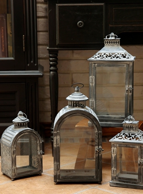 美式复古手提烛台铁艺做旧摆件