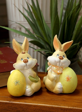 复古手绘陶艺兔子复活节小兔摆件