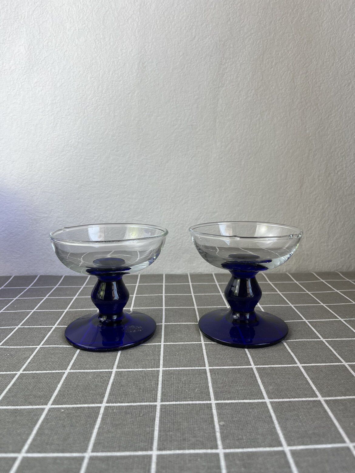 中古手工蓝色原色底座甜品杯 蓝色高脚蜡烛杯 小果盘