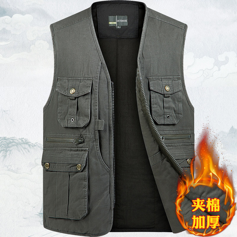 加棉加厚多口袋保暖背心爸爸马甲