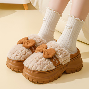 高跟棉拖鞋女新款家用网红蝴蝶结厚底增高拖鞋冬季毛毛绒保暖外穿