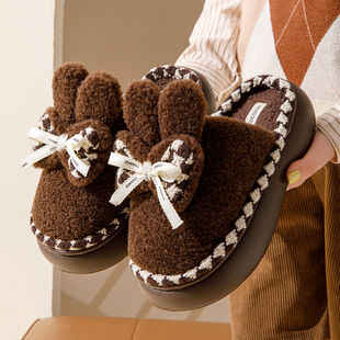 冬季 居家可爱兔子蝴蝶结毛毛拖鞋 加绒保暖外穿增高 女款 厚底棉拖鞋