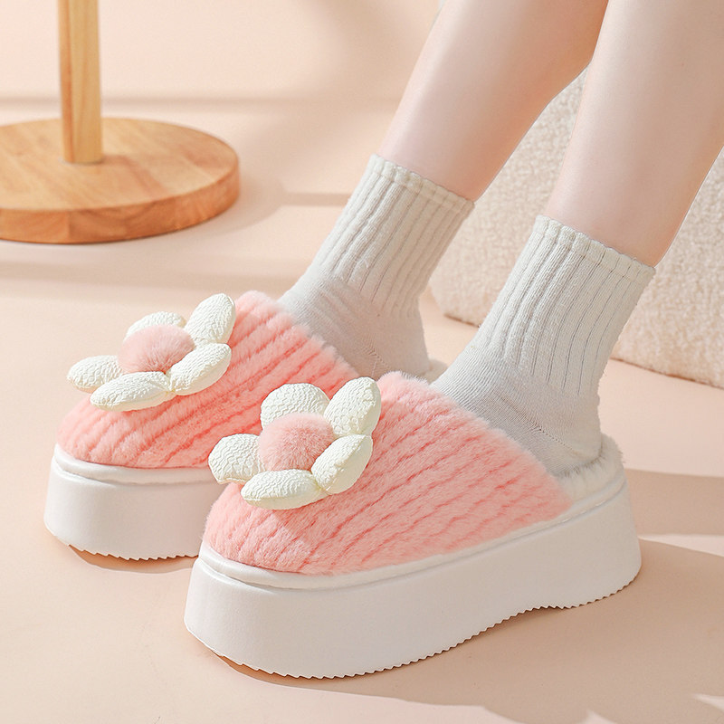 高跟棉拖鞋女款冬季室内网红可爱花朵厚底毛绒拖鞋冬保暖防滑外穿