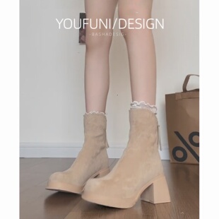 防水台黑色杏色短靴女高跟鞋秋冬2025年新款小个子增高粗跟瘦瘦靴