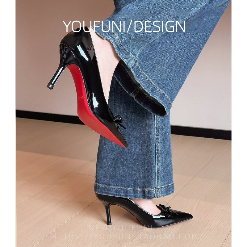 红底高跟鞋女胖脚宽尖头浅口工作鞋性感御姐裸色单鞋漆皮大码女鞋,女鞋,浅口单鞋,淘宝优惠券,粉丝福利购,淘宝优惠卷