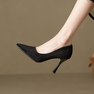 不累脚单鞋 羊皮踩屎感 软底工作鞋 女细跟2026春秋新款 黑色高跟鞋